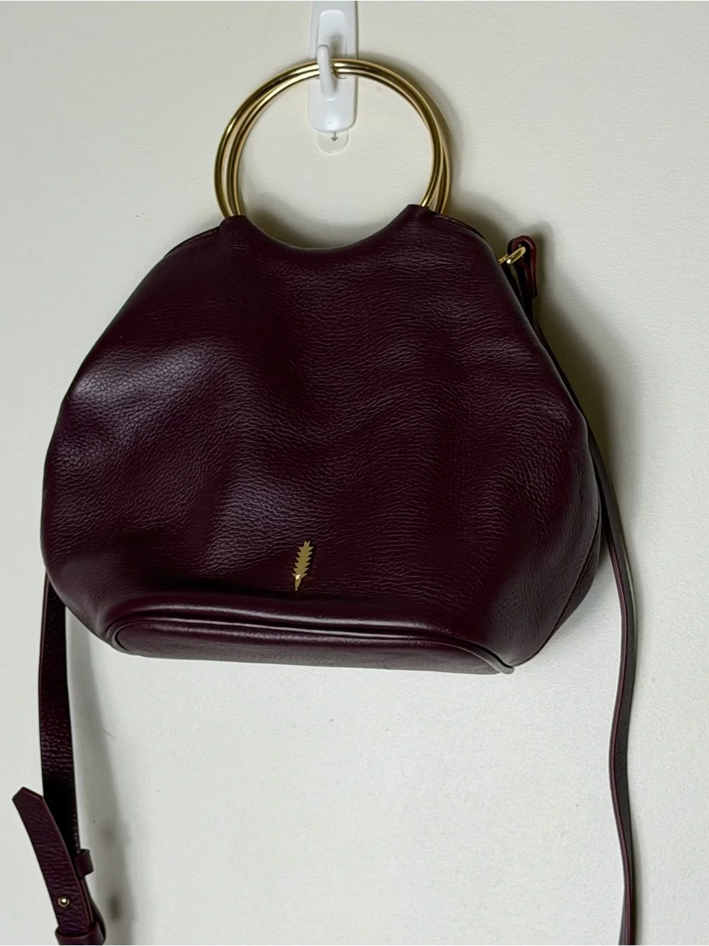 Thacker New York Bonnie O gold handle bucket Crossbody Purse burgundy Leather